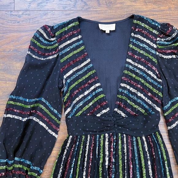 Rococo Sand • Sequin Striped Gown black chiffon rainbow swiss dot balloon sleeve - Picture 5 of 13